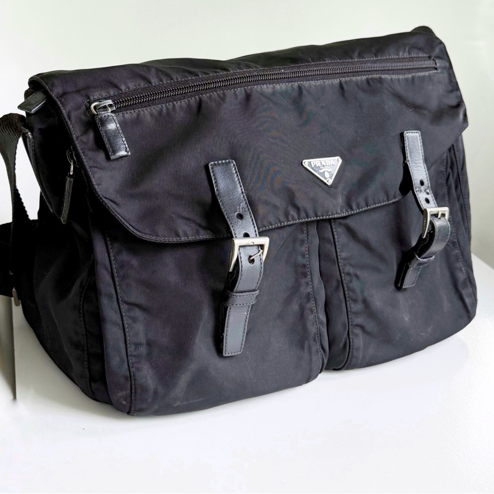 PRADA Tessuto Vintage Nylon Black Messenger Unisex Triangle Logo Crossbody Bag